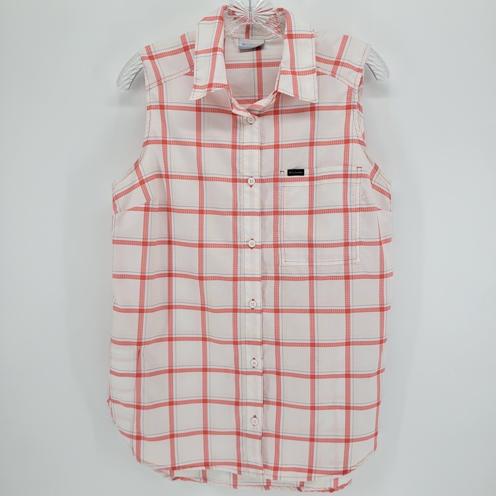 Columbia Womens Plaid Sleeveless Button Up Shirt Coral White Outdoor AL5536 M